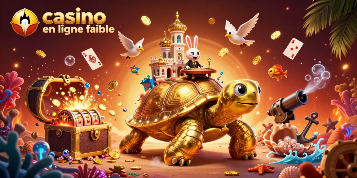 Jouer au casino en ligne fiable avec un palais miniaturisé sur une tortue géante illuminée et des pièces d'or.