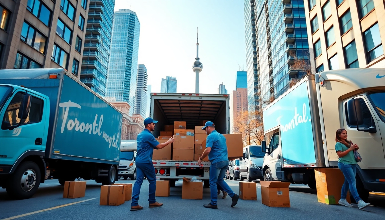 Toronto moving services with professional movers efficiently loading supplies onto a moving truck in a vibrant city