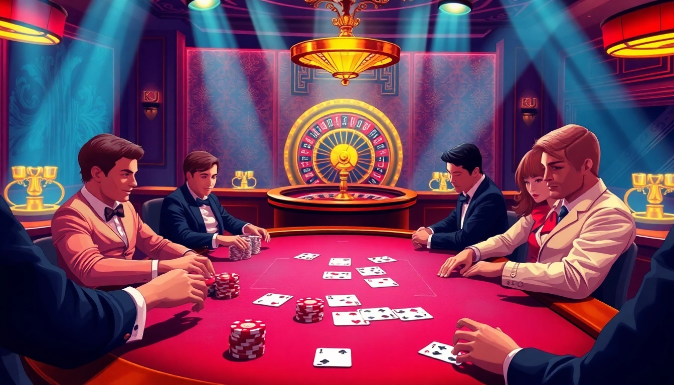 Exciting gambling action with KJC-themed poker chips and players at a luxury casino.