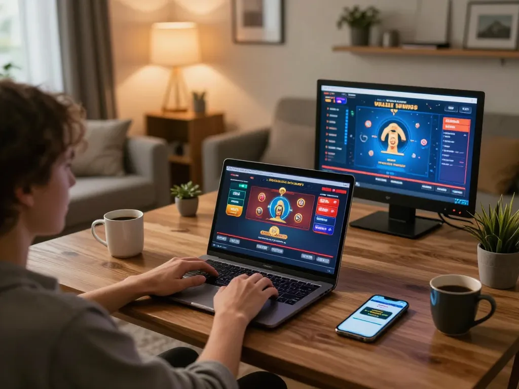 Engaging online casino gaming session at home with jae888 on display.