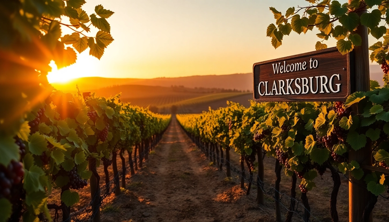 Scenic view of vineyards in Clarksburg ca during sunset with golden light and rolling hills.