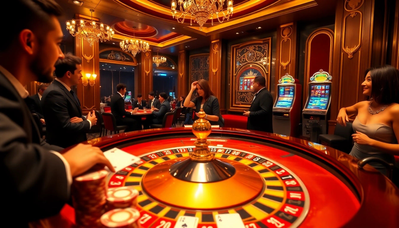 Experience thrilling gameplay with NK88 at a luxurious casino, featuring roulette and poker elements.