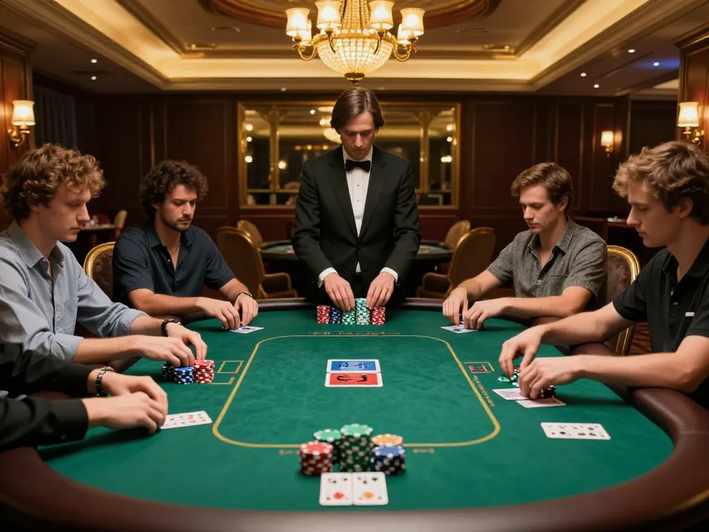 cm88-t1 players engaged in strategic poker game at upscale casino table.