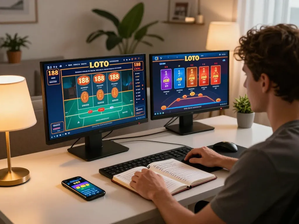 Engaging in LOTO 188 online gaming from a cozy home setup, showcasing strategy and responsible gaming.