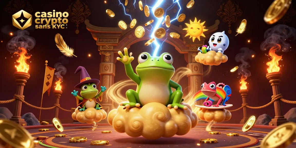 Plongez dans l'univers du casino crypto sans KYC, avec des pièces d'or tourbillonnantes et des personnages magiques.