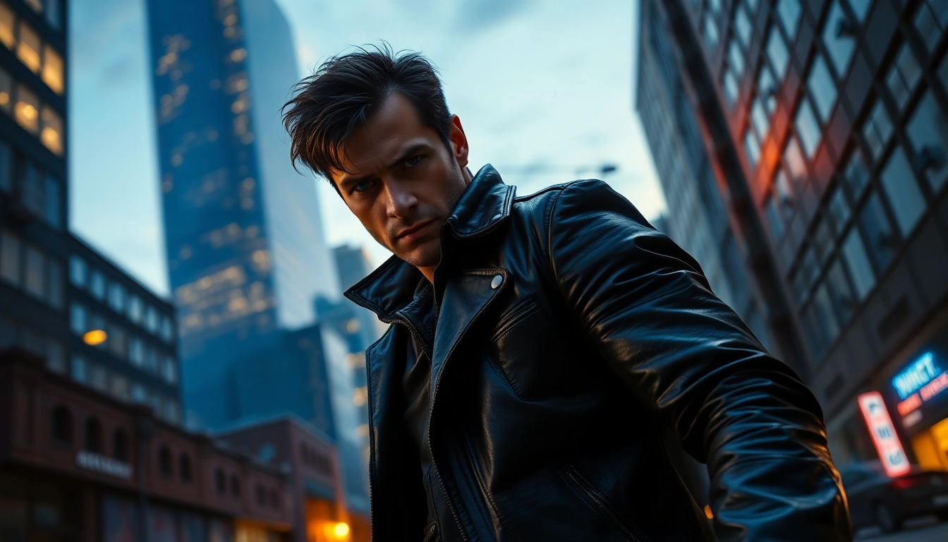 Heroic figure in an urban setting evokes excitement Like Reacher in an action-packed narrative