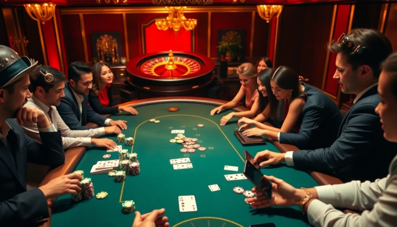 Action de jeu excitante à une table de poker de luxe dans un casino en ligne avec des jetons vibrants et des joueurs intenses.