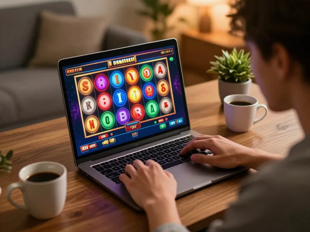 EE88 player spinning slots on laptop at home, showcasing online gaming excitement.