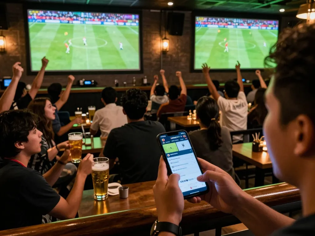 Xoilac TV enables live soccer betting while fans cheer for their teams in an exciting sports bar.