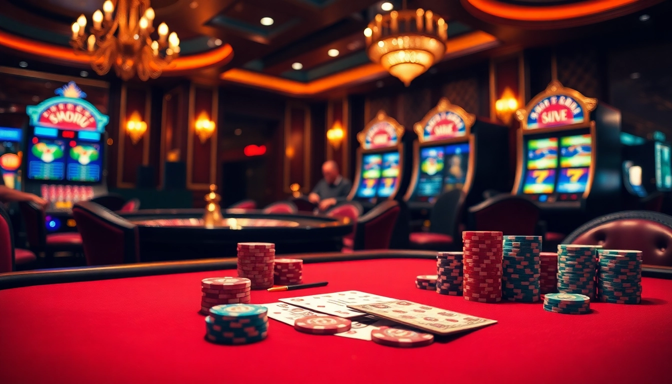 Participez à une action palpitante dans un casino en ligne avec des jeux vibrants, des jetons de poker et une roue de roulette.