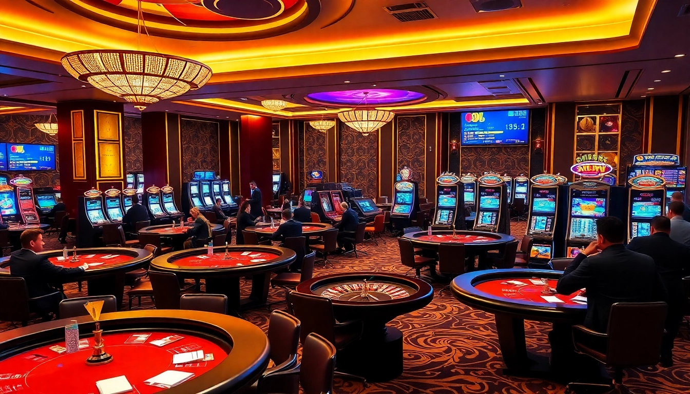 Exciting gambling scene at nhà cái vua99 featuring poker tables and vibrant slot machines.