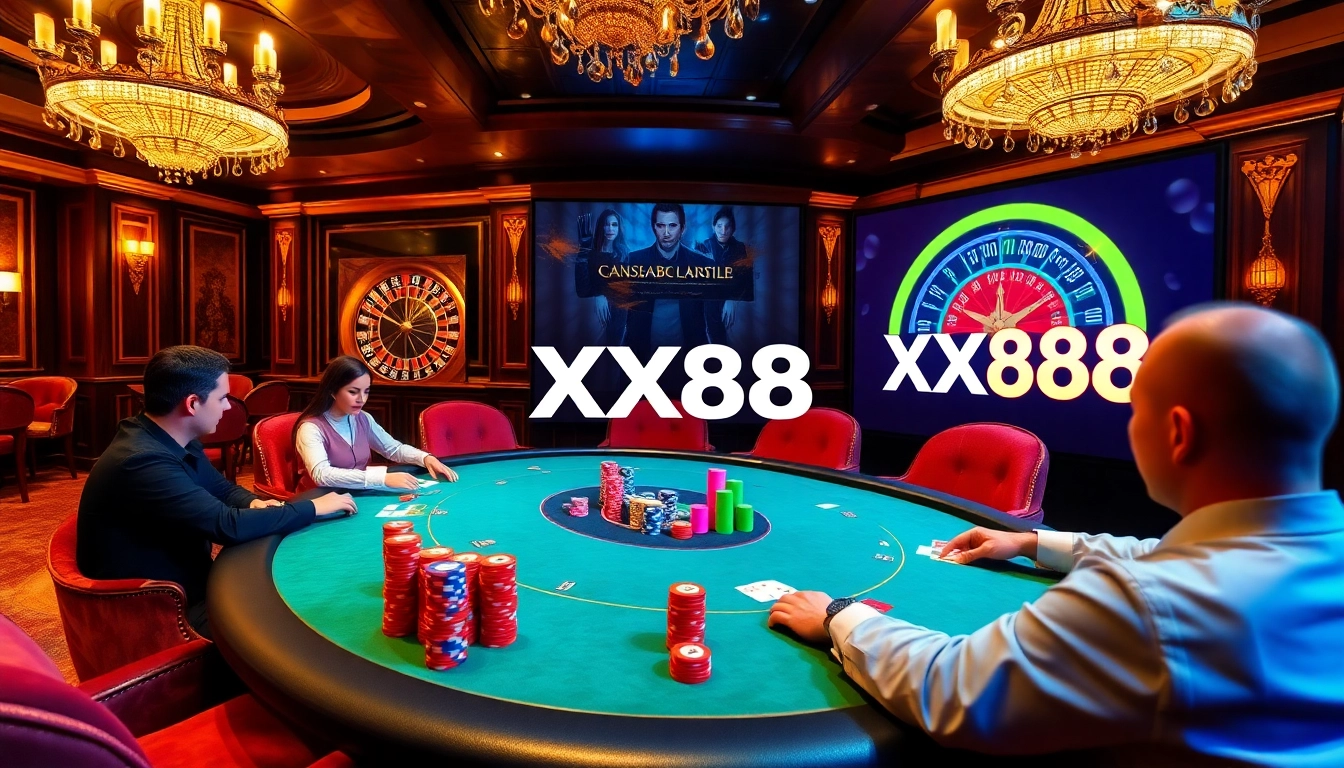 Players enjoy a thrilling poker game at XX88 casino, showcasing colorful chips and cards.