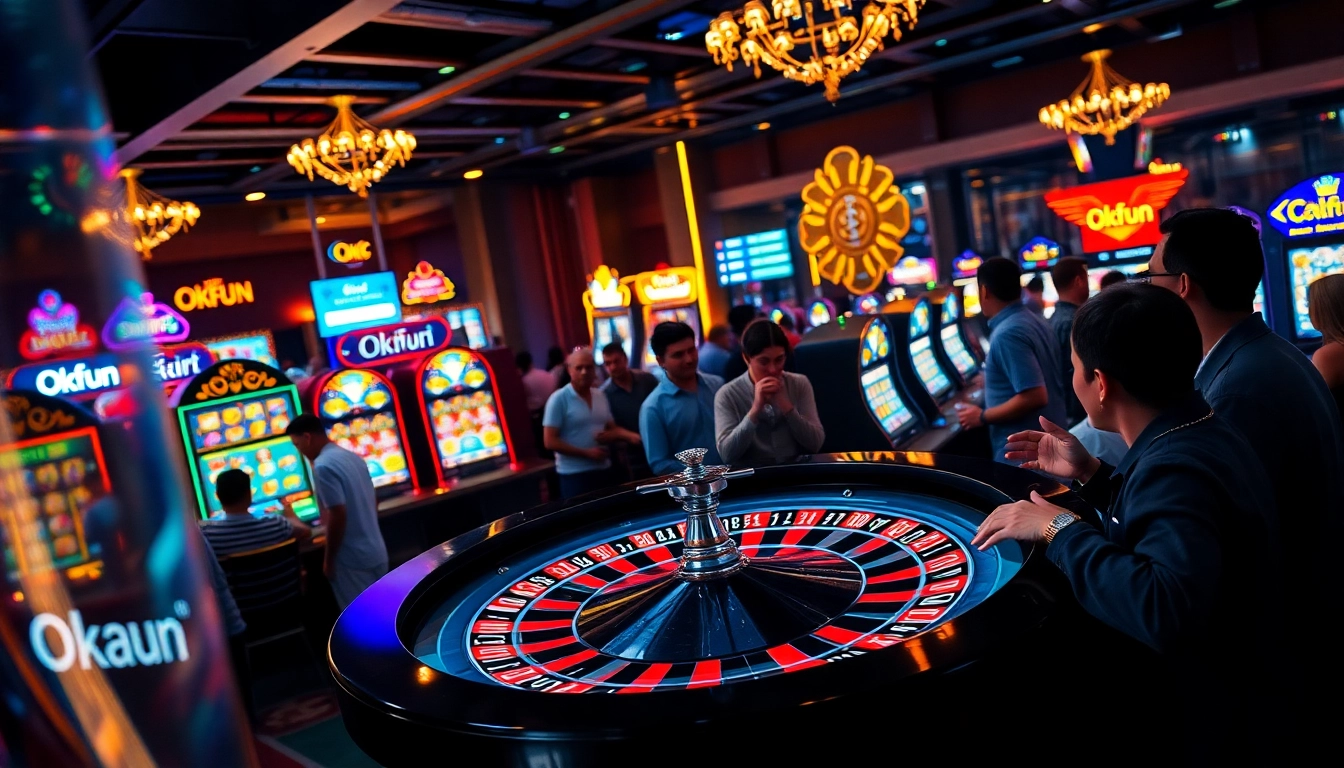 Experience the thrill of Okfun with players enjoying vibrant roulette and slot machines in a lively casino.
