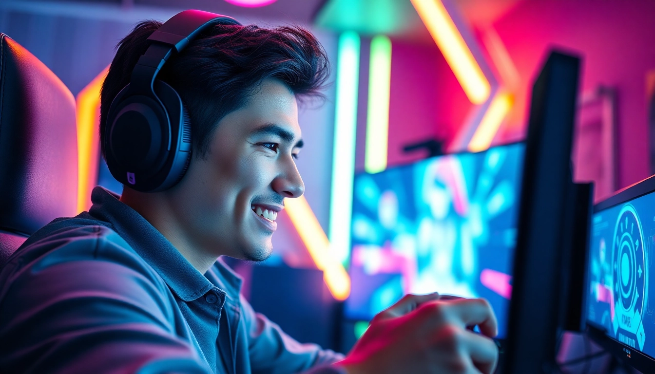 79king gaming influencer immersed in gameplay with vibrant visuals and a modern setup.