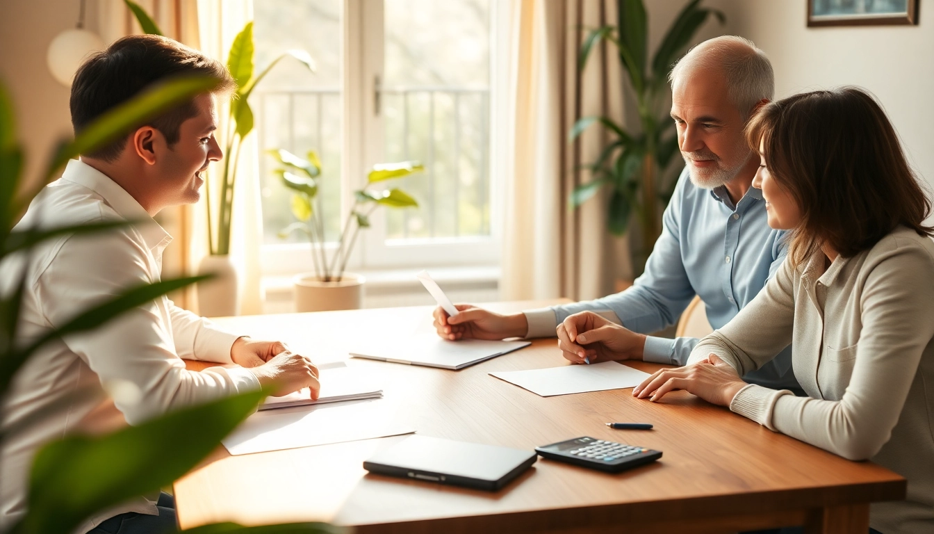 Discussing life insurance options in a warm home setting with family members, conveying trust and protection.