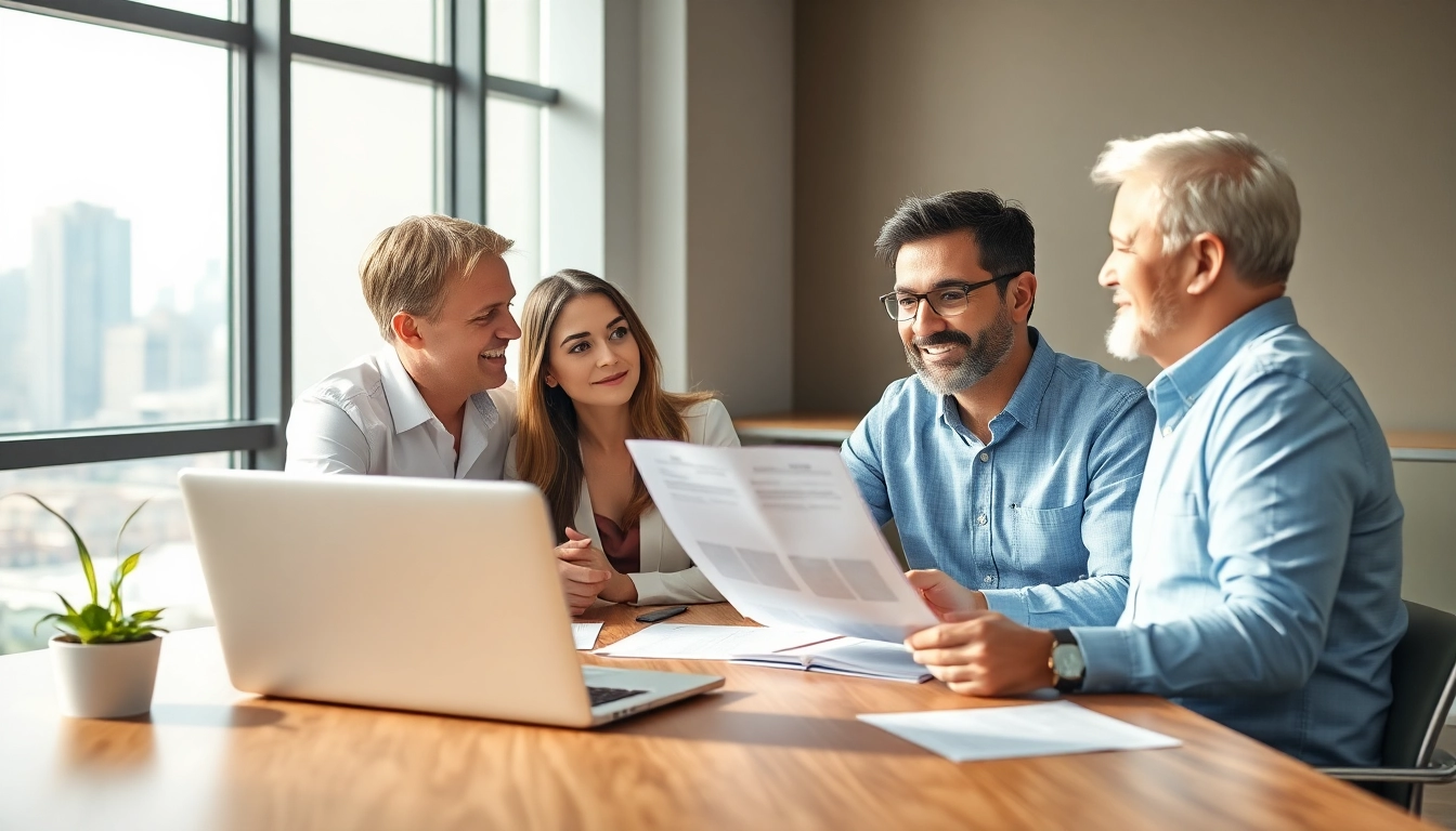 Engaging discussion about Life insurance with a financial advisor and couple in a bright office.