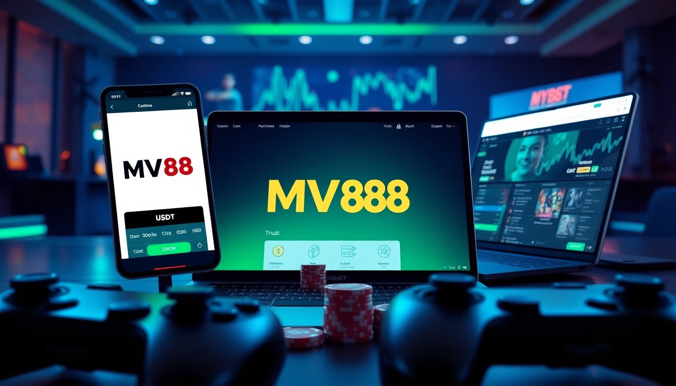 MV88 online gaming app interface displayed on smartphone and laptop in a dynamic digital environment.
