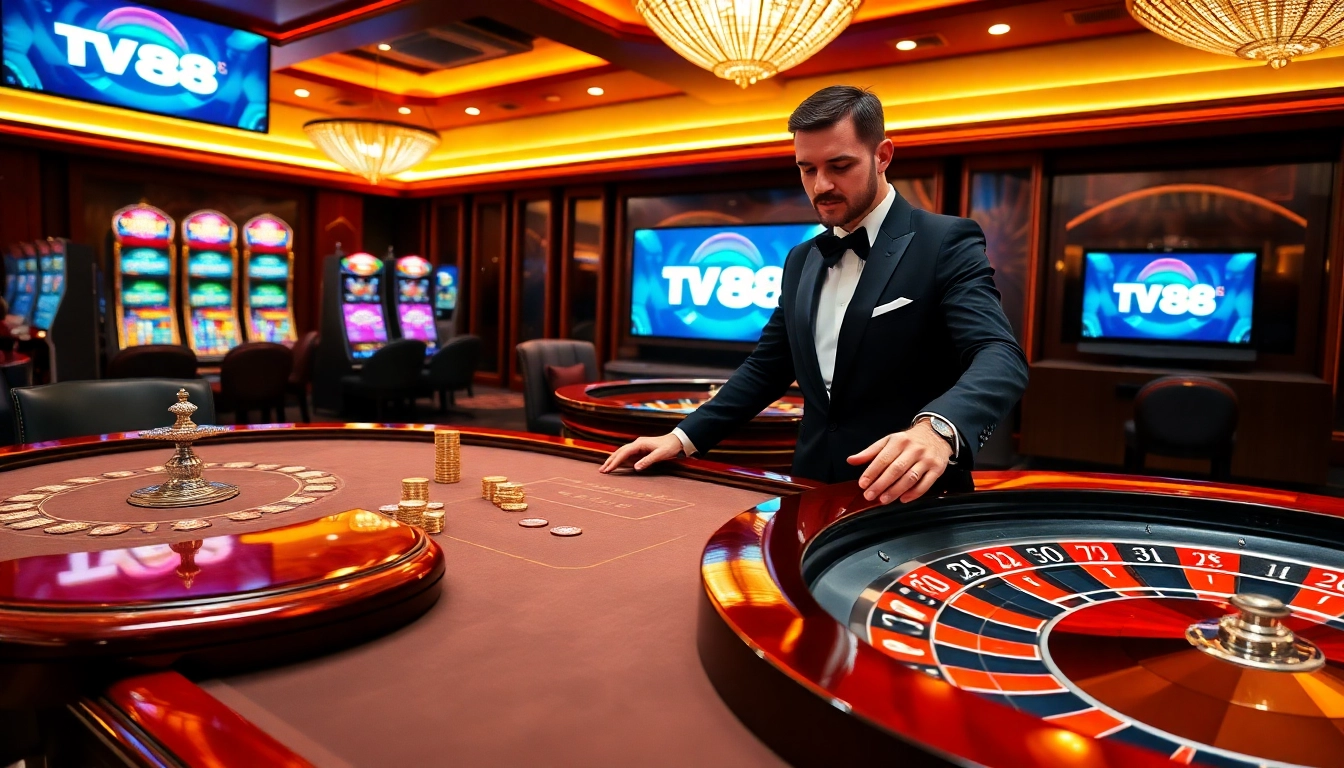 Experience thrilling gaming at TV88 with professional dealers and vibrant casino elements.