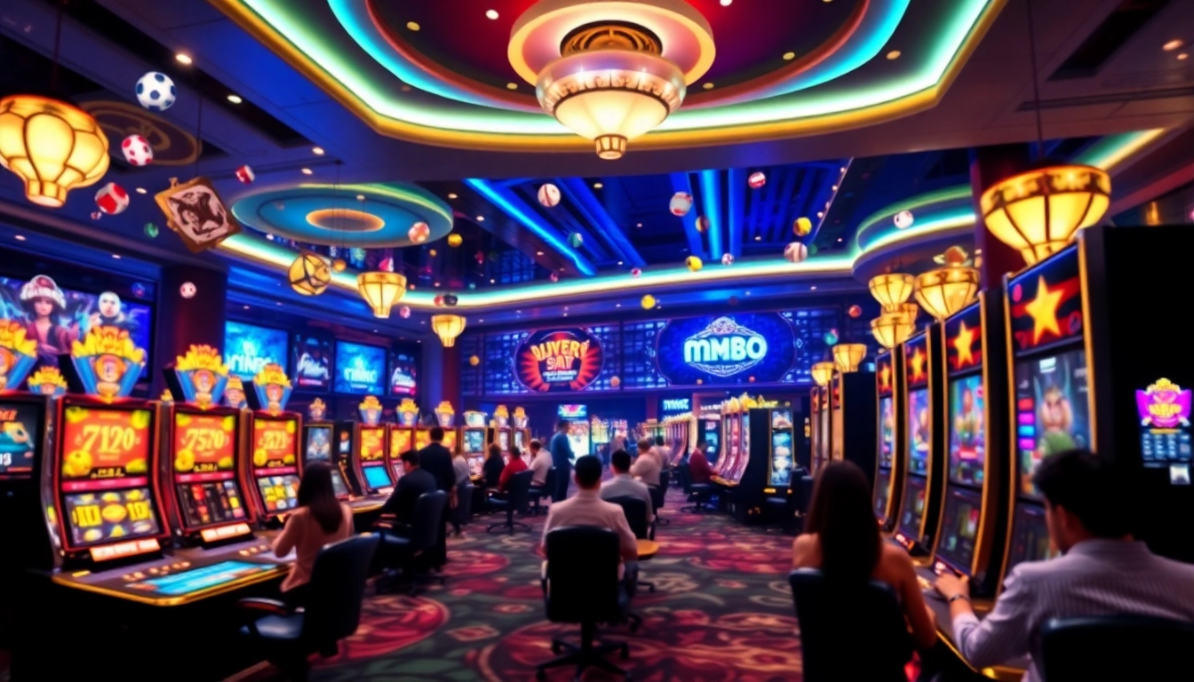 Exciting online gaming atmosphere at https://mm88.sa.com/, featuring vibrant casino elements and players immersed in digital fun.