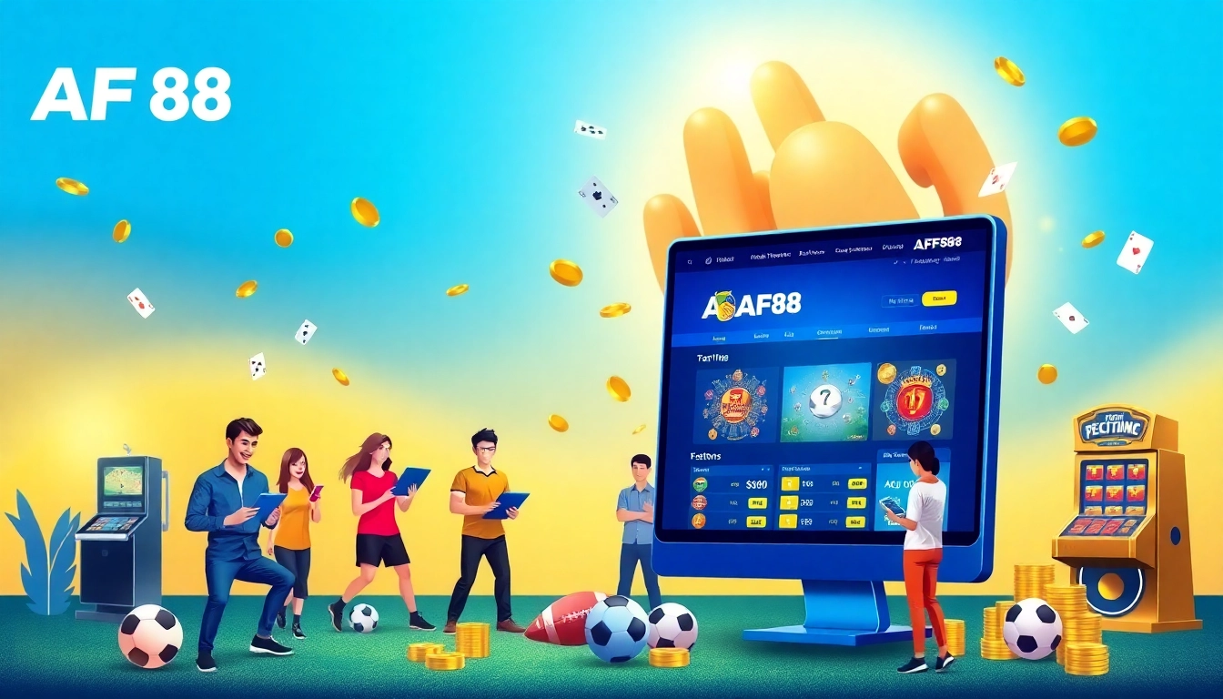 Engaging scene showcasing users interacting with the AF88 betting platform in a vibrant, modern setting.