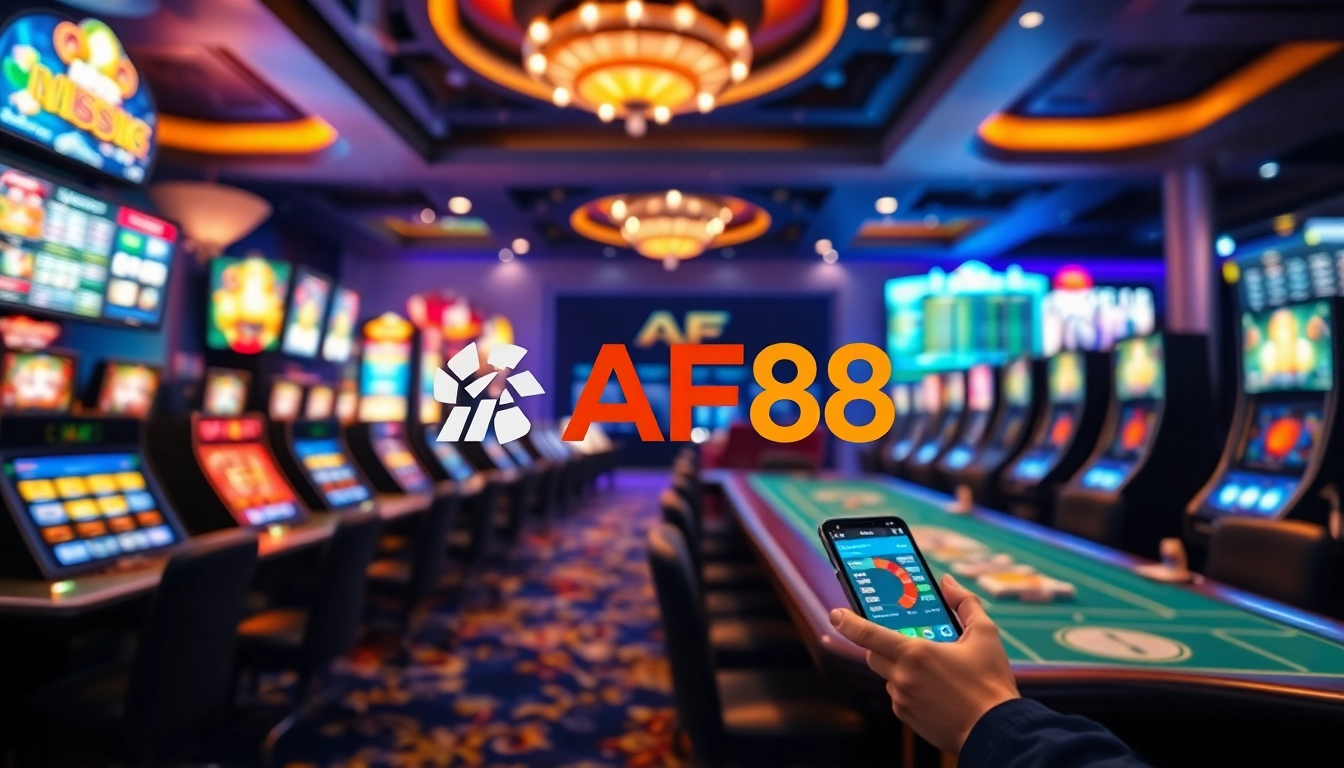 Engaging digital casino scene highlighting AF88 logo amidst vibrant gaming elements.