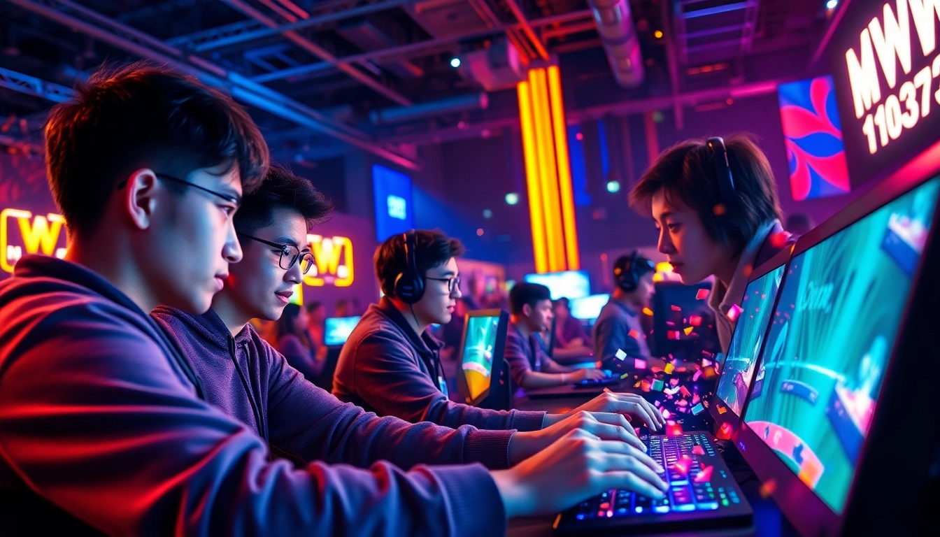 Players intensely focused on the MV88 game amidst a vibrant gaming atmosphere.