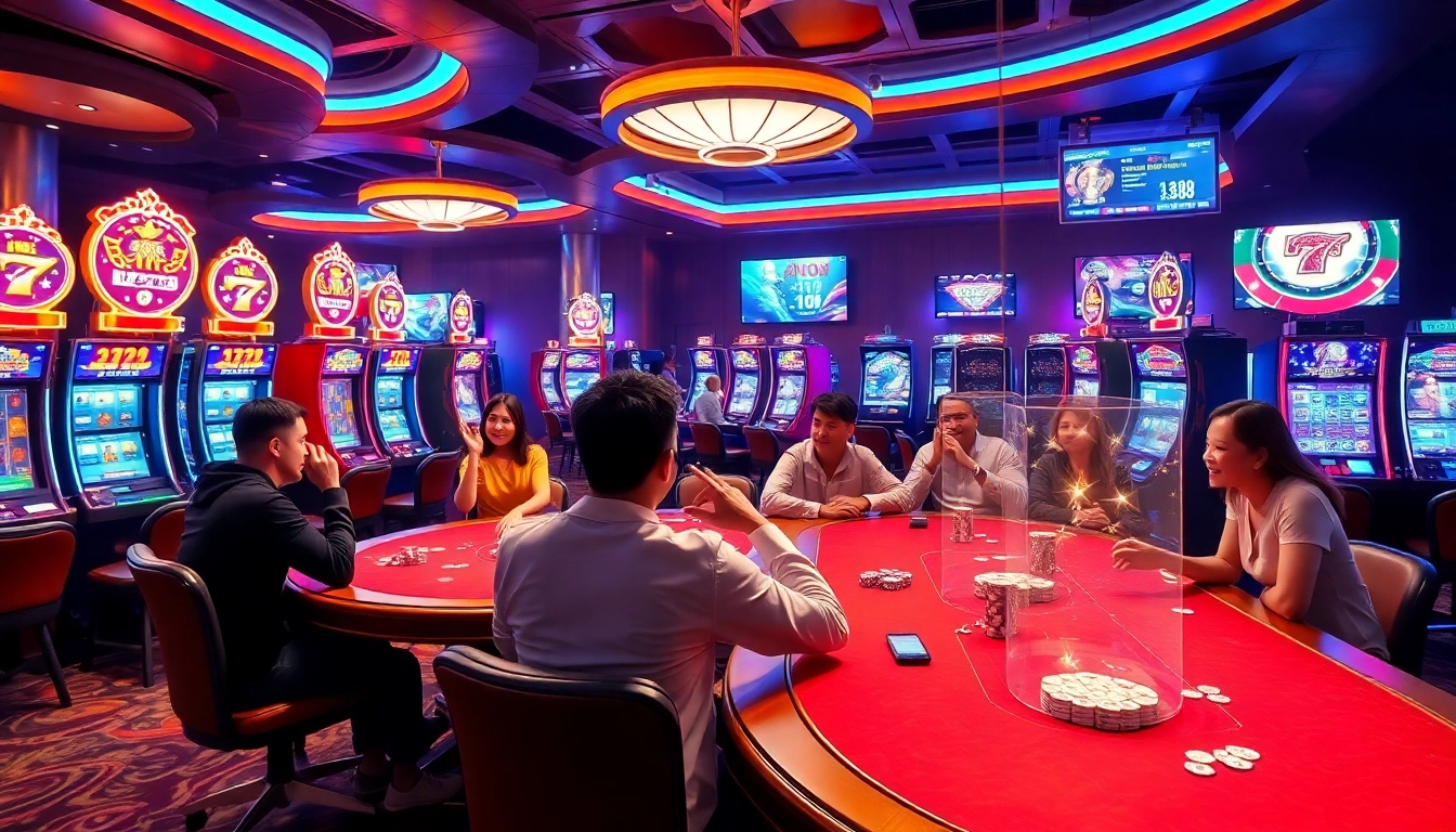 Players celebrating wins on nổ hủ 90 slot machines in a luxurious casino.