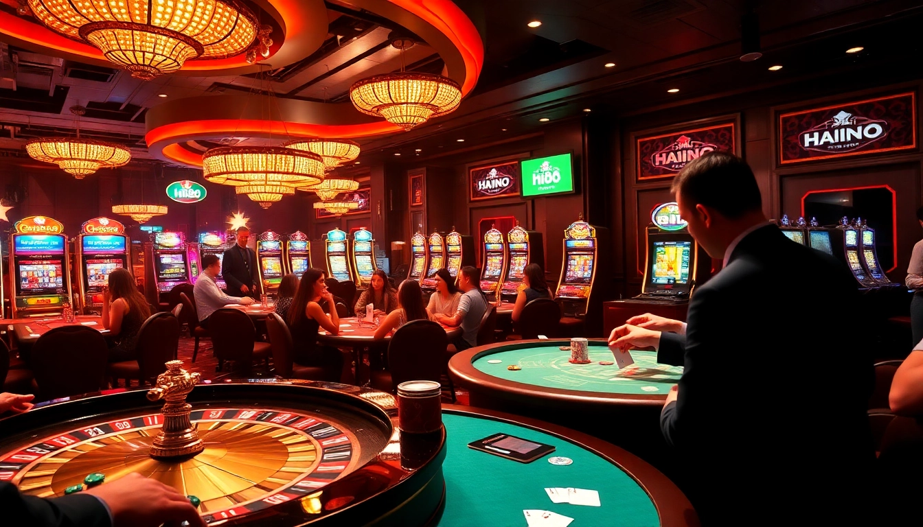 Hi88 players enjoying an exciting poker game in a luxurious casino environment with colorful chips and cards.