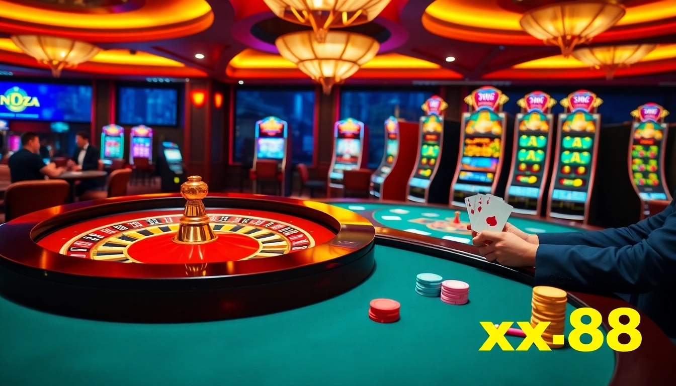 Experience excitement at https://xx88.pizza/ with a lively casino table showcasing poker and roulette.
