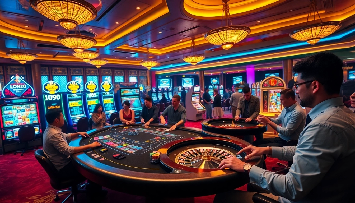 Experience the excitement of NOHU90 with lively casino scenes featuring poker tables and slot machines.