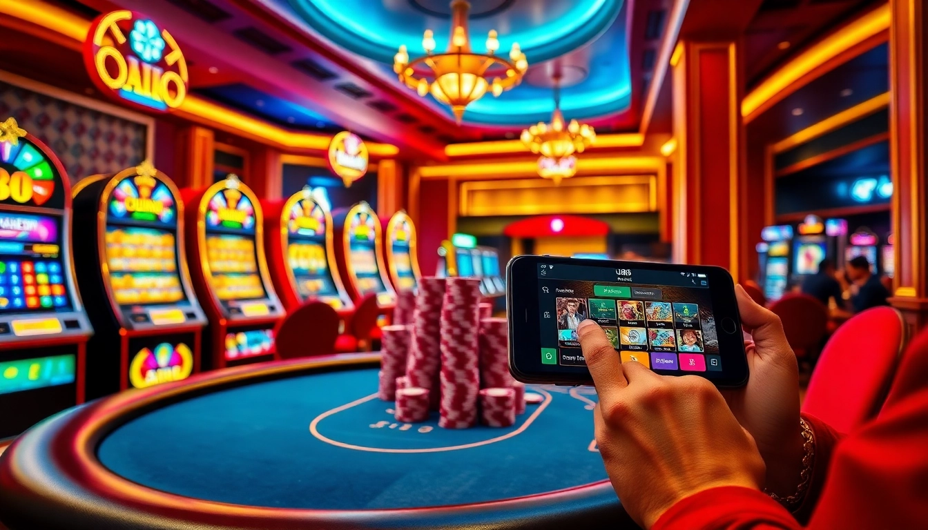 Experience the thrill of the u888 app amidst luxurious casino gameplay, featuring vibrant slot machines and engaging players.