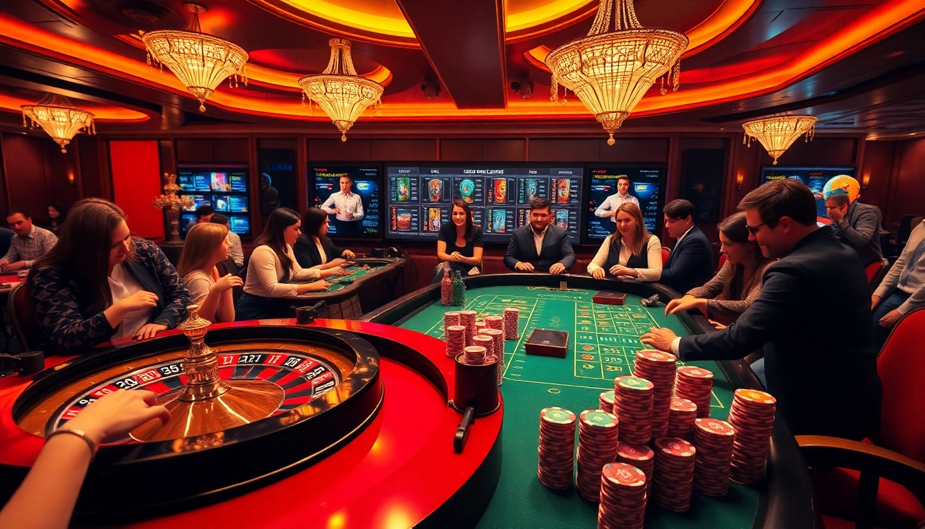 Excited gamblers strategizing and placing bets at rr88 com casino table, vibrant atmosphere.