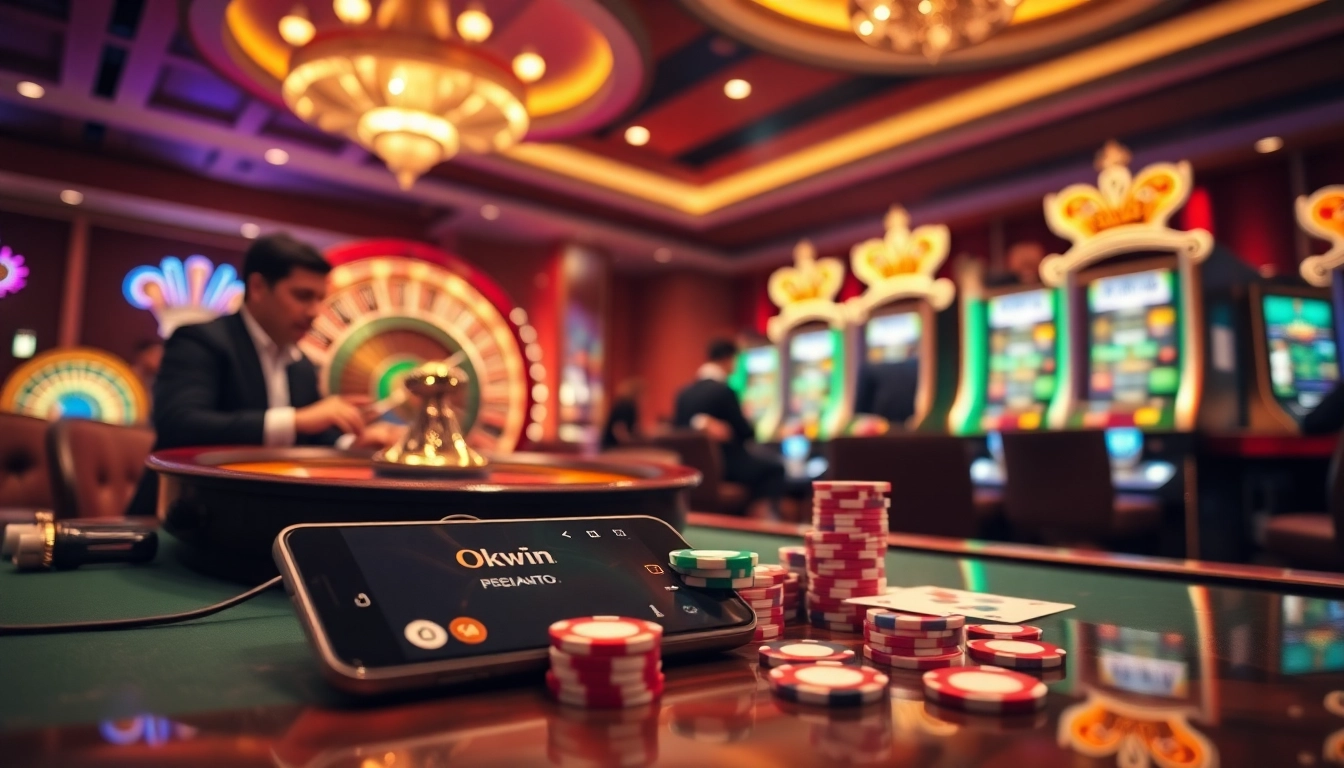 Okwin gaming excitement displayed with vibrant roulette wheel and poker chips.
