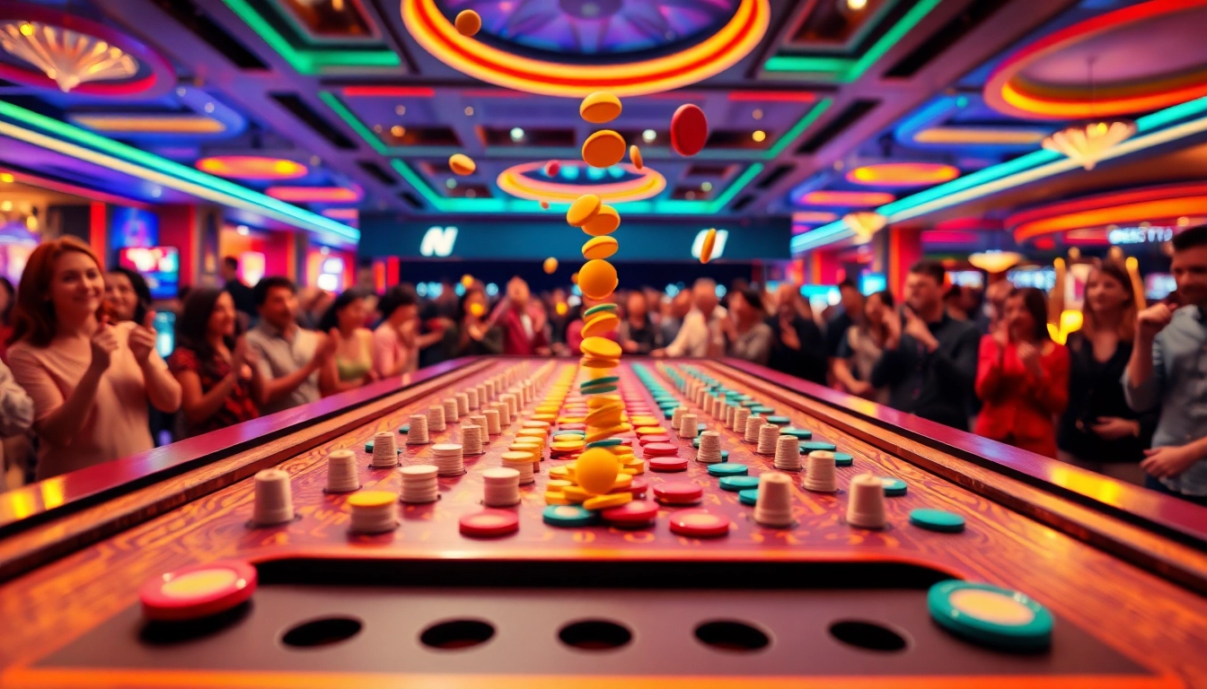 Mencoba pengalaman plinko demo dengan papan besar dan suasana kasino yang ceria.