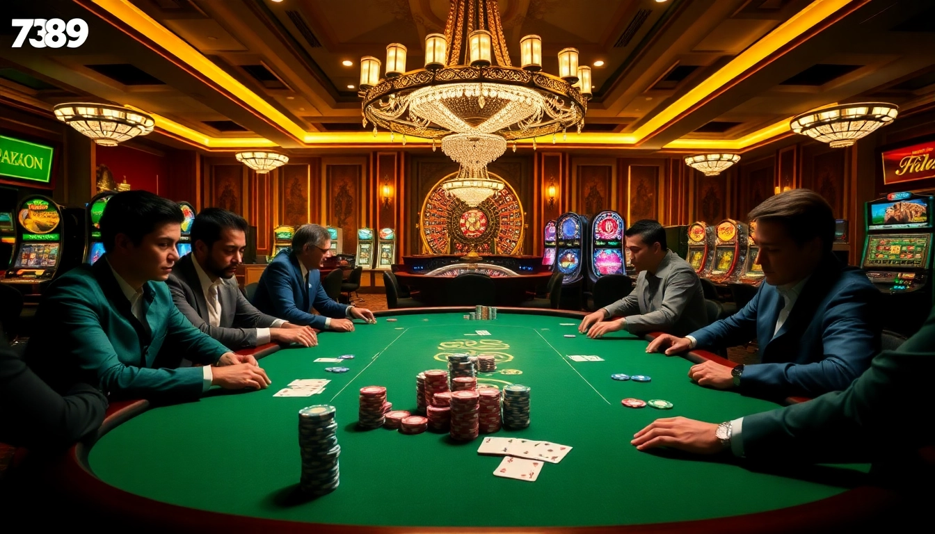 Experience excitement at the 789bet poker table surrounded by luxurious casino elements.