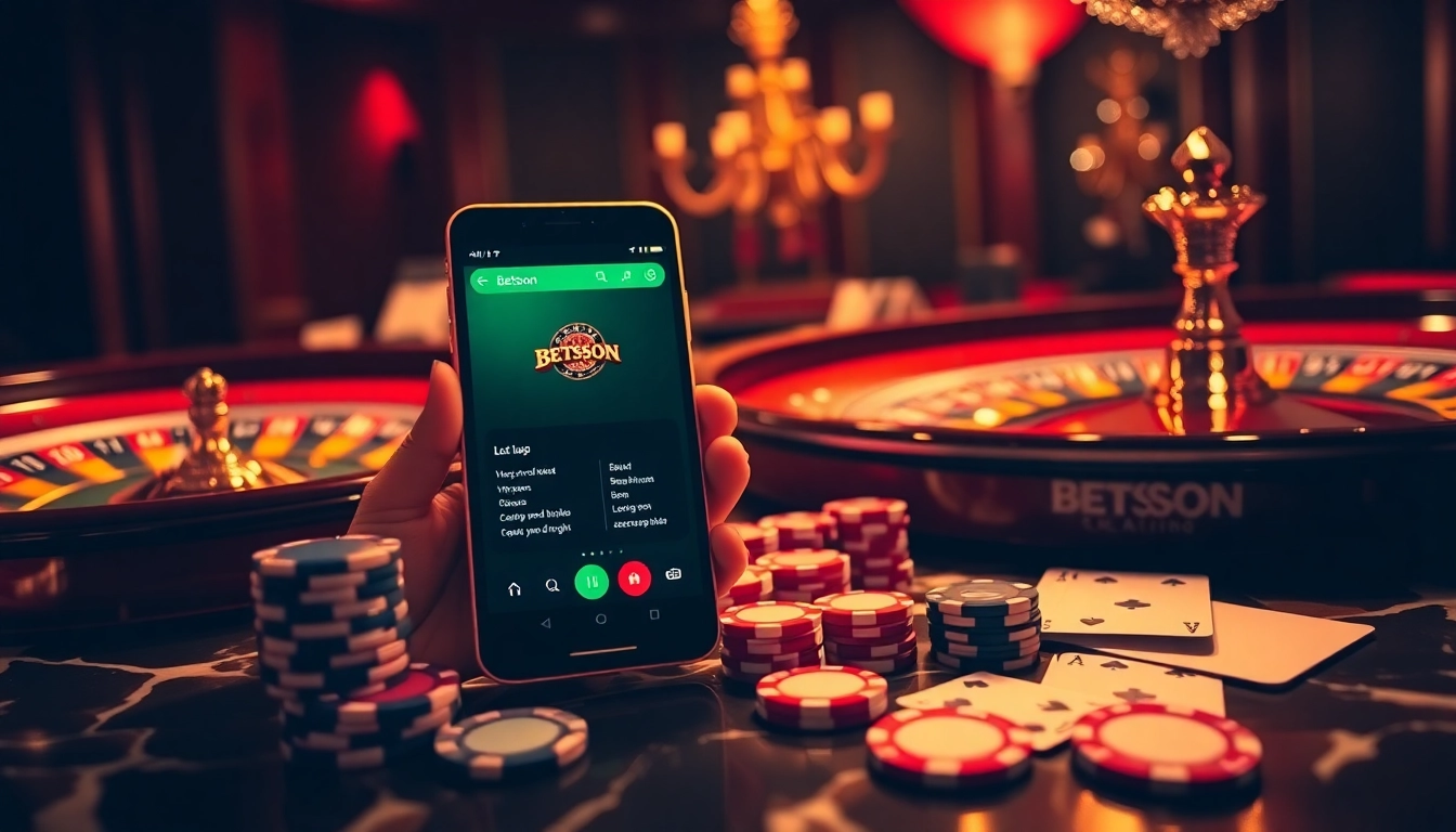 A gambler interacts with the Betsson App on a smartphone surrounded by casino elements like poker chips and cards.