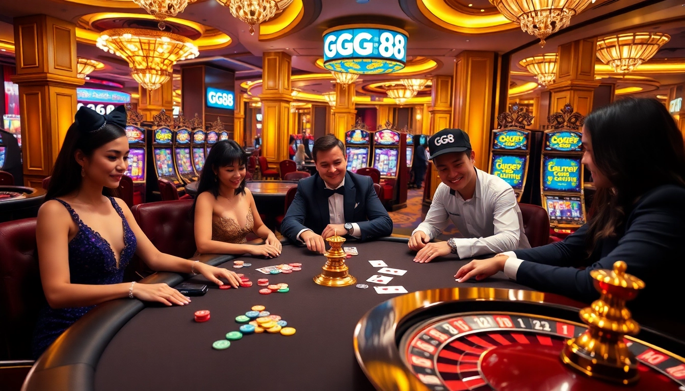 Experience the thrill of gambling at GG88 casino with vibrant poker tables and lively slot machines.