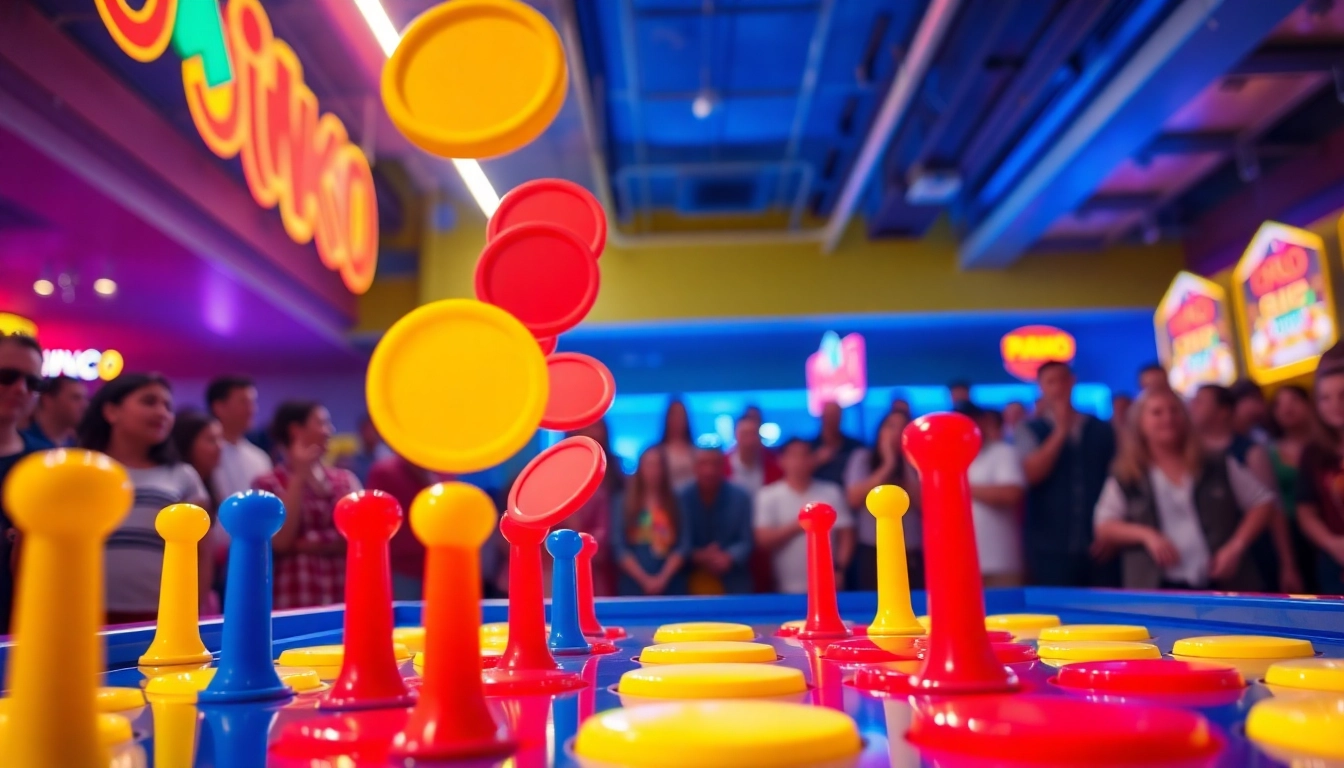 Permainkan plinko demo dengan berbagai disk yang terjatuh di antara jalur pegs berwarna-warni.