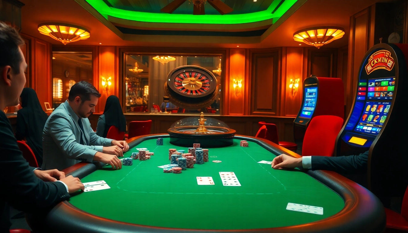 Exciting poker game at a professional casino featuring vibrant colors and high stakes with okvwin elements.