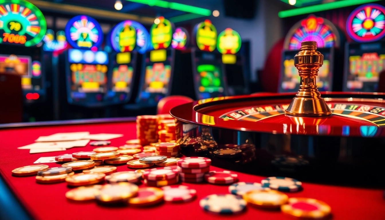 Experience the thrill of 789 win with vibrant casino tables and poker chips in an exciting atmosphere.