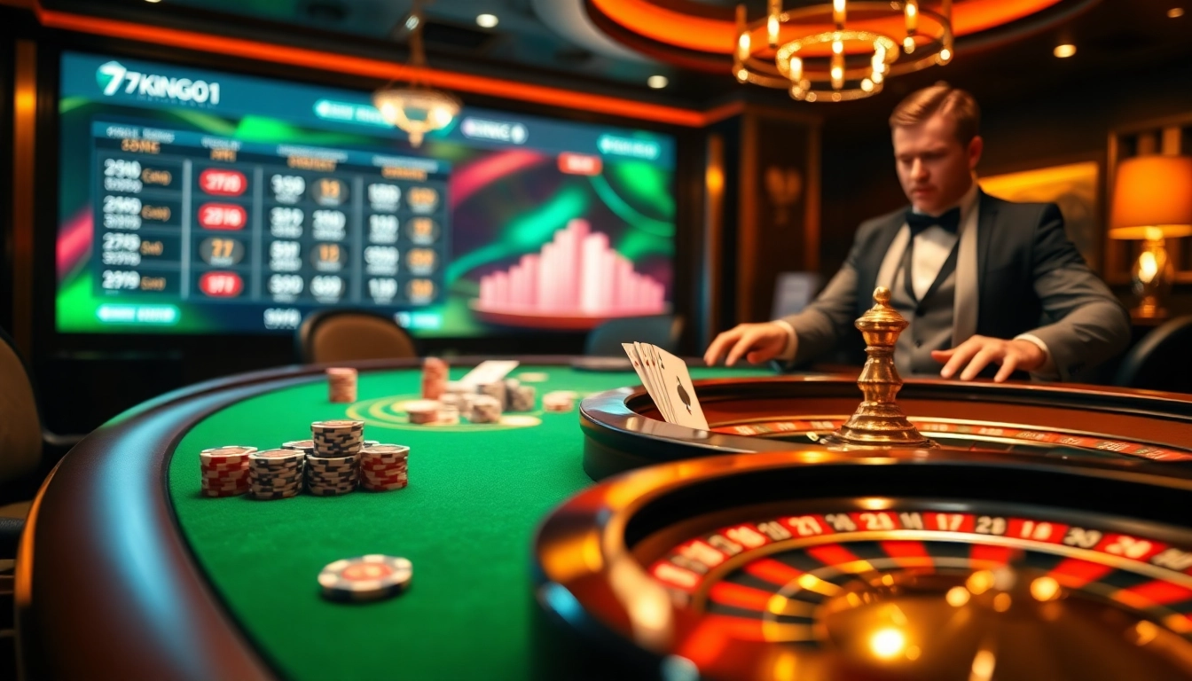 Players placing bets at the high-stakes 79king01 poker table in a lively casino atmosphere.