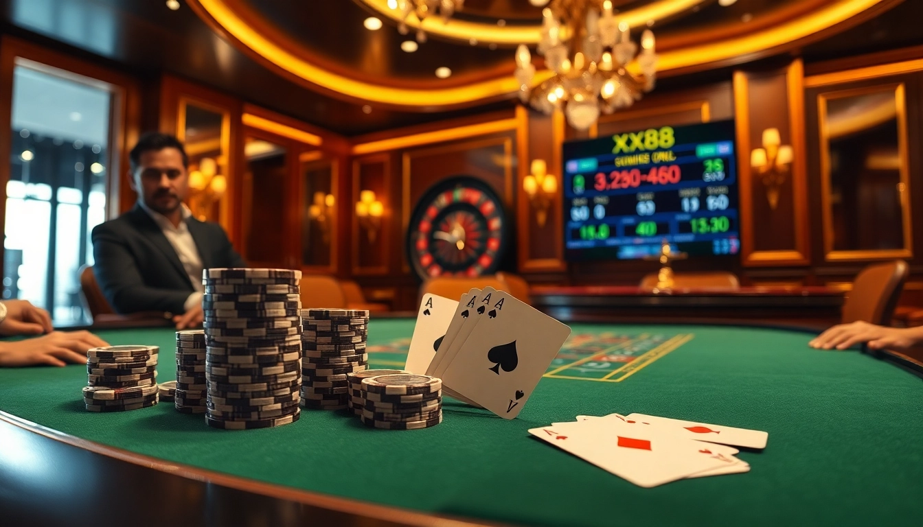 Players engaging in high-stakes poker at xx88 casino, showcasing chips and bets.