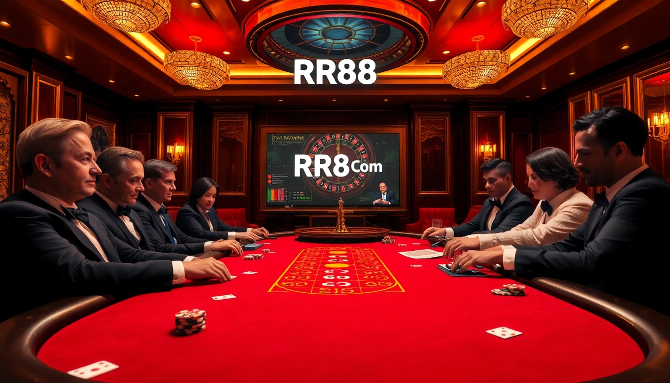 Engaging players at the RR88 com poker table in an upscale casino setting with vibrant colors.