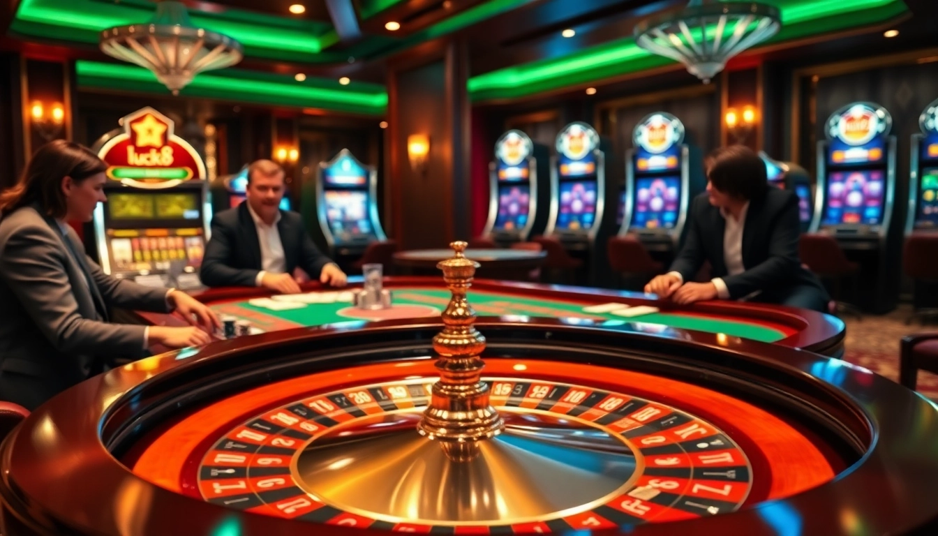 Play at luck8 with engaging roulette and lively casino atmosphere filled with poker chips.