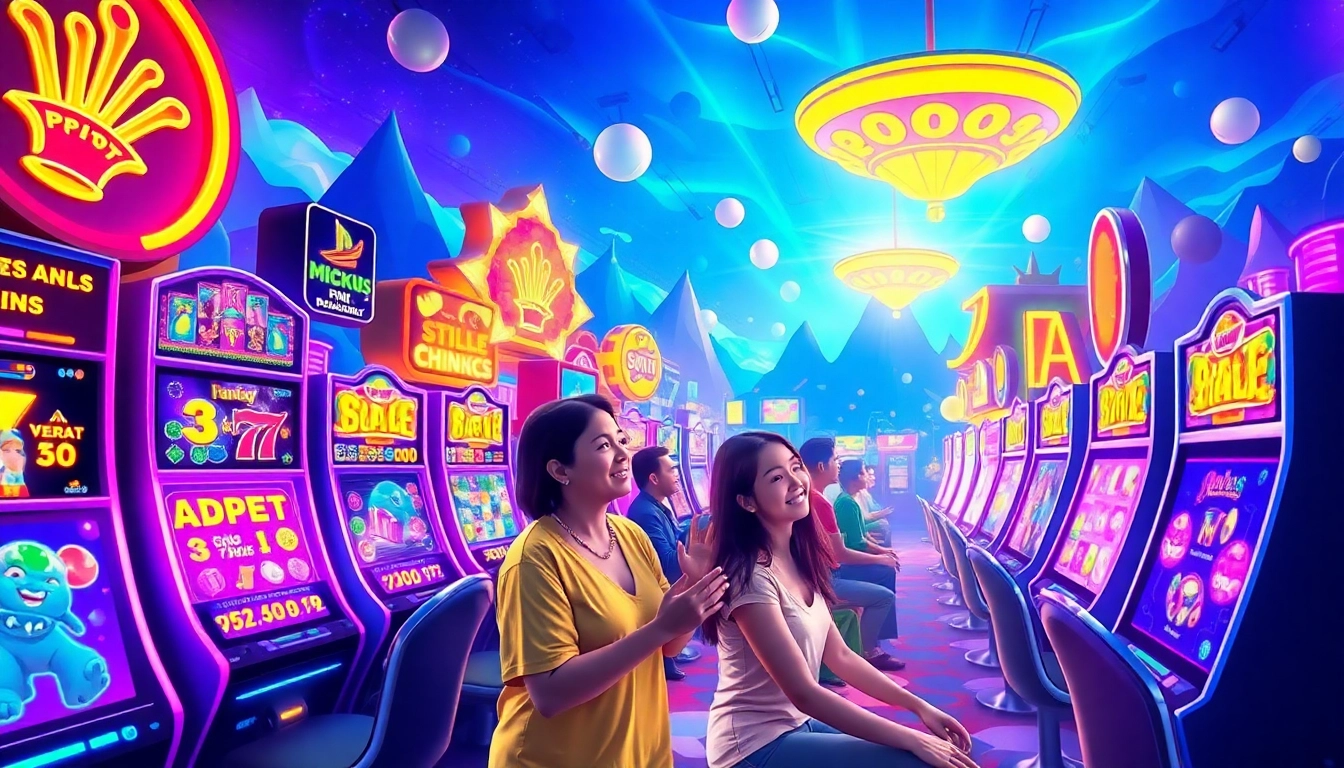 Situs kode4d showcasing vibrant online gaming with colorful slot machines and engaged players in an exciting digital environment.