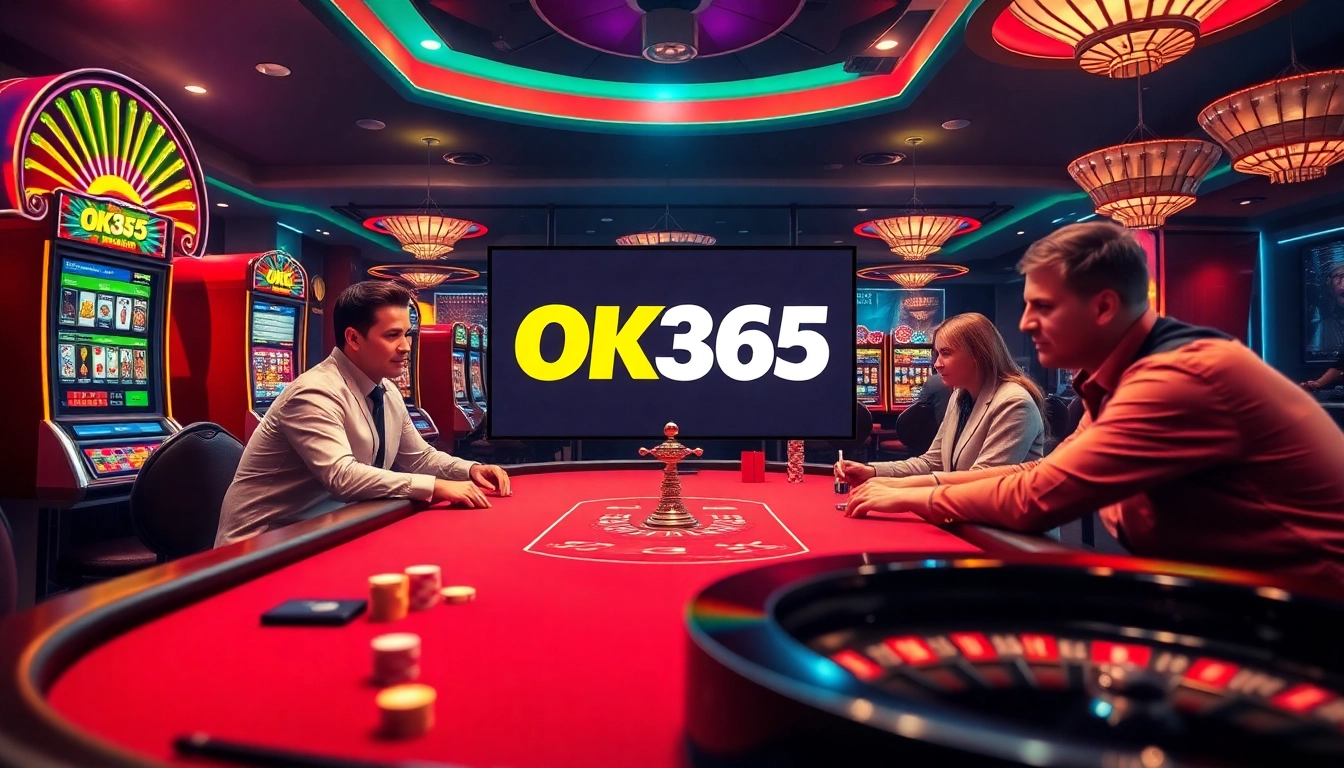 Engaged players enjoying thrilling games at OK365 casino with vibrant slots and poker tables.