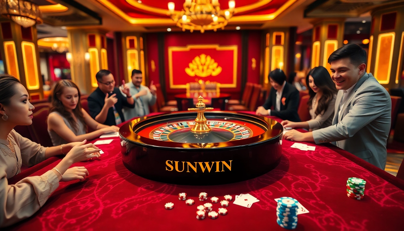 A thrilling gaming scene at SUNWIN casino displaying roulette action with excited players, vibrant chips, and engaging atmosphere.