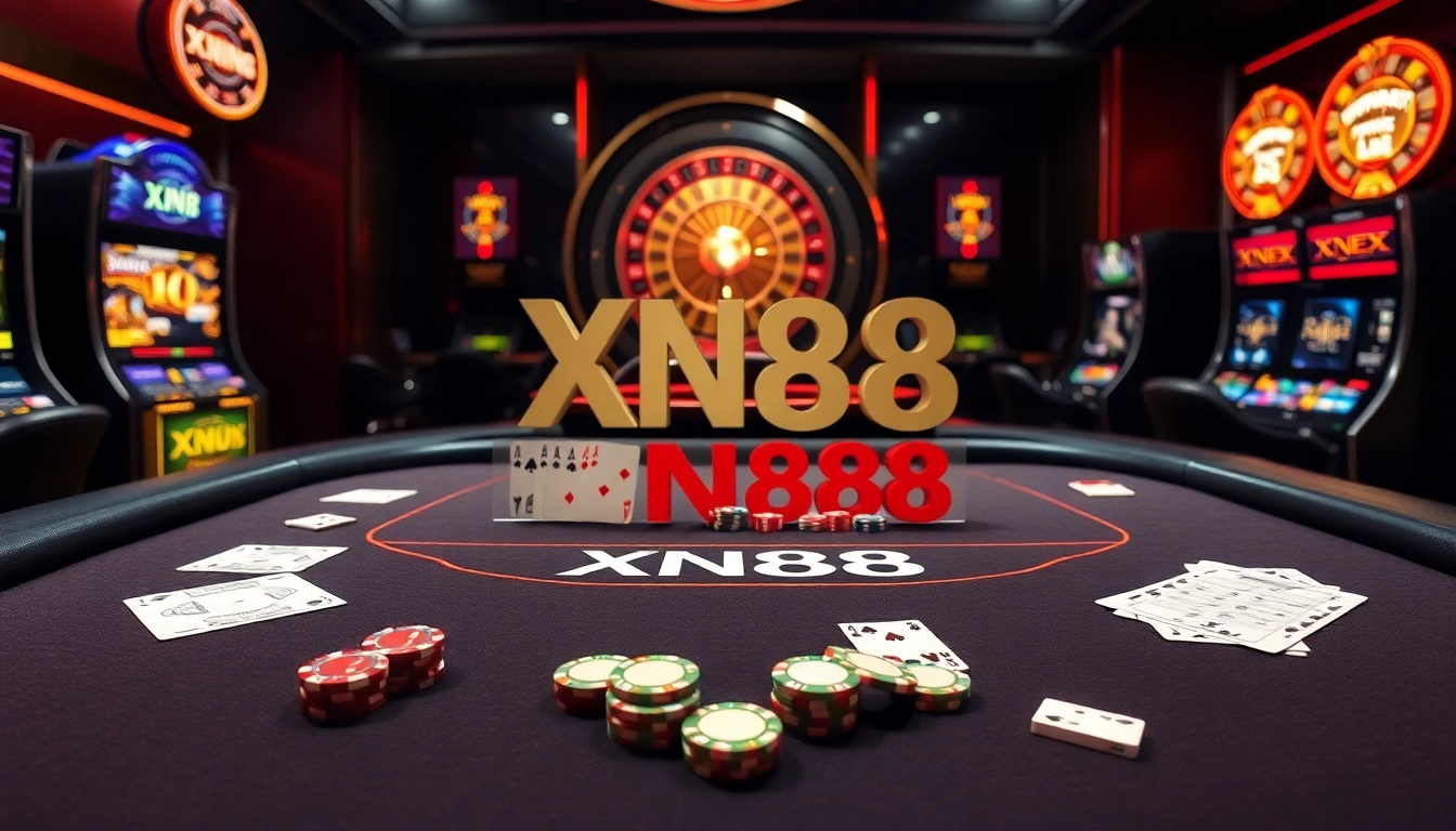 Experience XN88's excitement at a luxurious casino table with poker chips and cards.