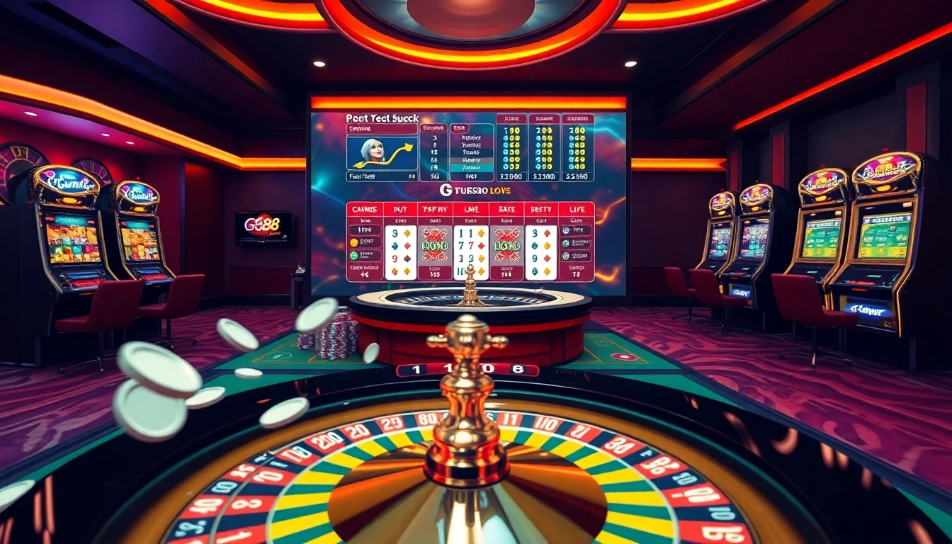 Experience the excitement of nhà cái gg88 with immersive online gambling visuals featuring casino tables and slots.