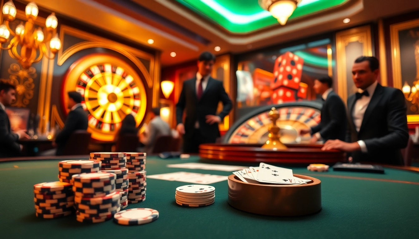 Players enjoying a thrilling game at rr88com casino with vibrant roulette and poker elements.